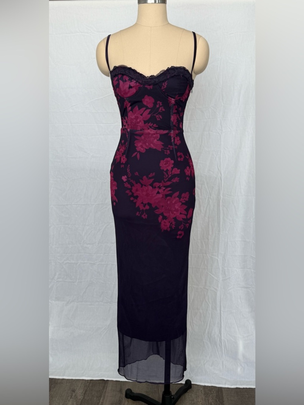 Maxi Corset Dark Purple / Wine Red Floral Lace-Up Bustier Dress - Picture 2 of 9
